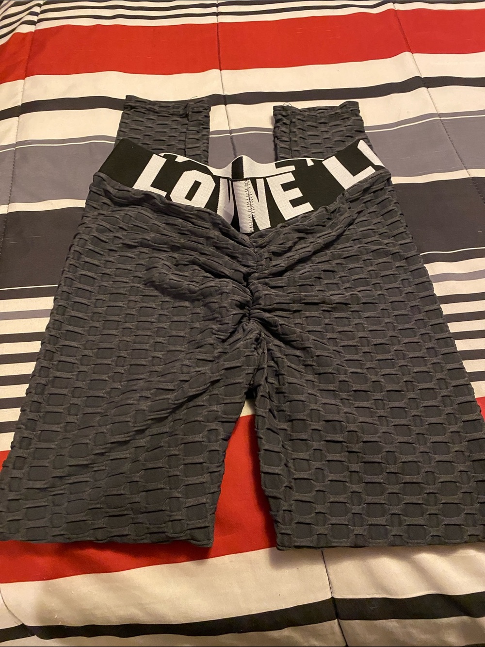 E) High-Waist Textured Leggings with Logo Love Waistband - Black NWOT